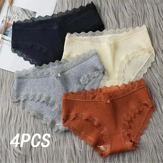 4 Pcs Lace Wavy Trim Bikini Panties, Comfy & Breathable Elastic Intimates Panties, Women's Lingerie & Underwear