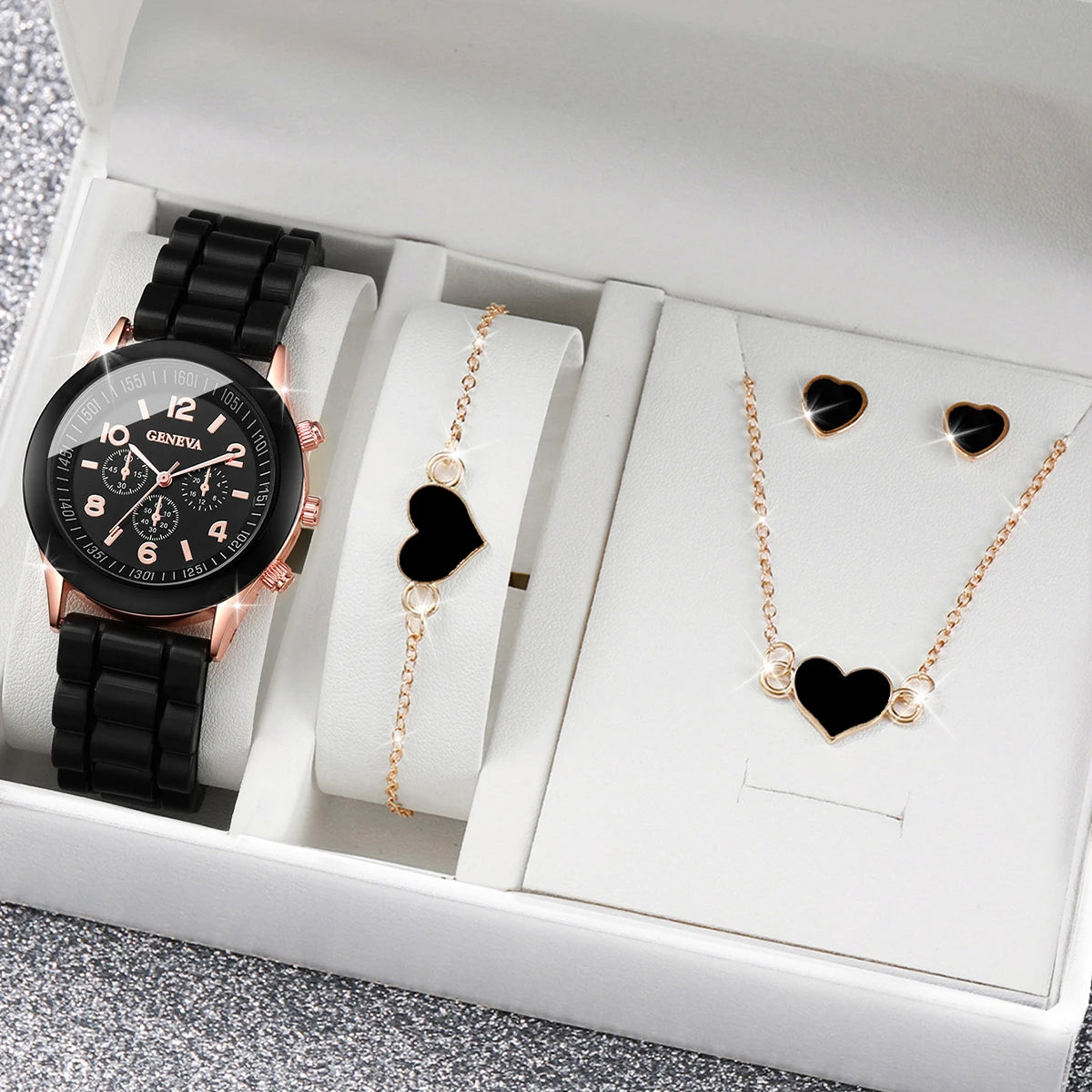 4pcs/set Women Watches Fashion Silicone Band Women Quartz Watches Heart Jewelry Set(Without Box)